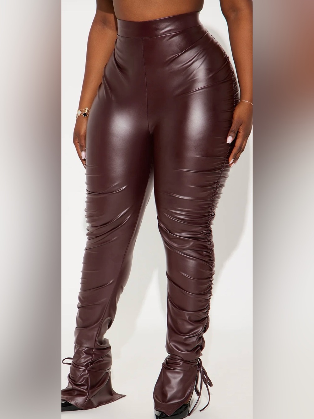 Fashion Nova High-Waist Faux Leather Ruched Skinny Pants - Dark Brown